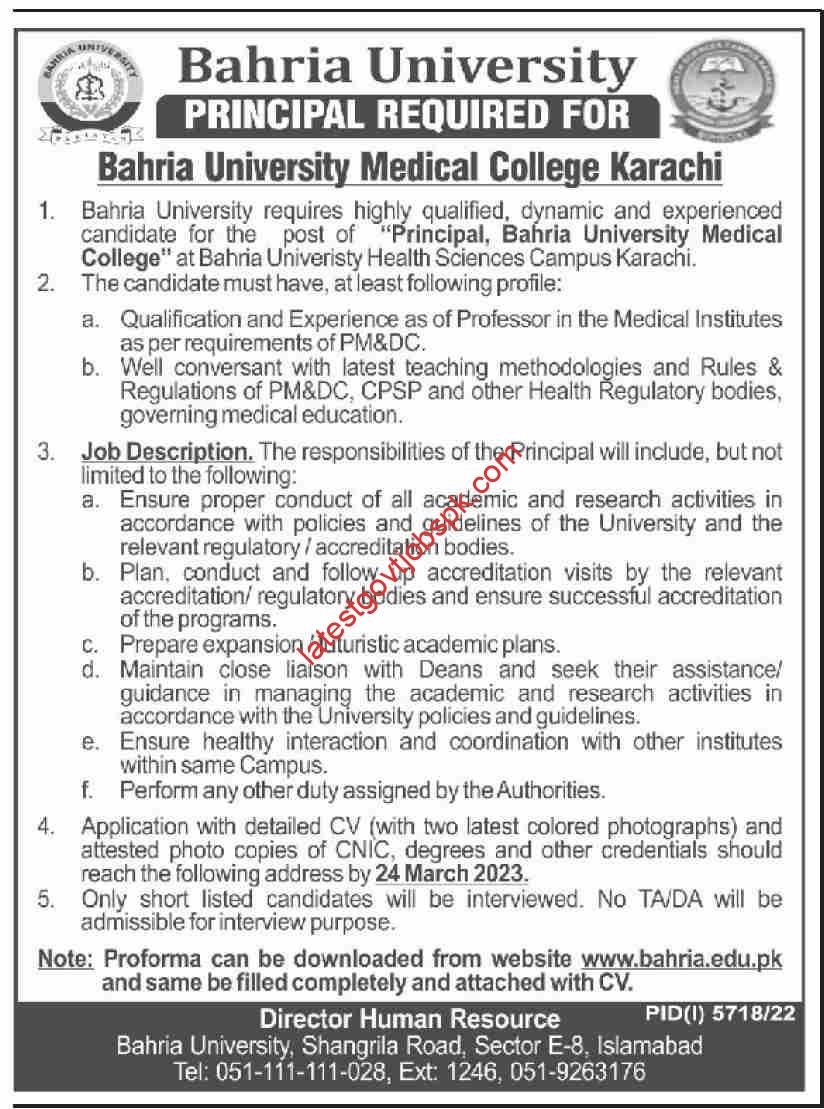 New Jobs at Bahria University Principal BUMC 2023