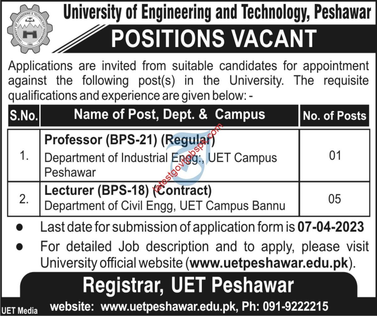 New Jobs at UET Peshawar in 2023 for Professors & Lecturers