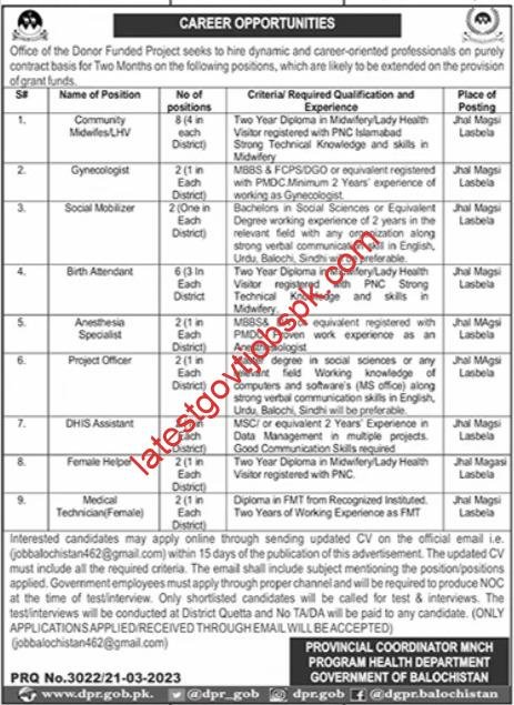 New Jobs in the MNCH Program Health Department of Balochistan 2023