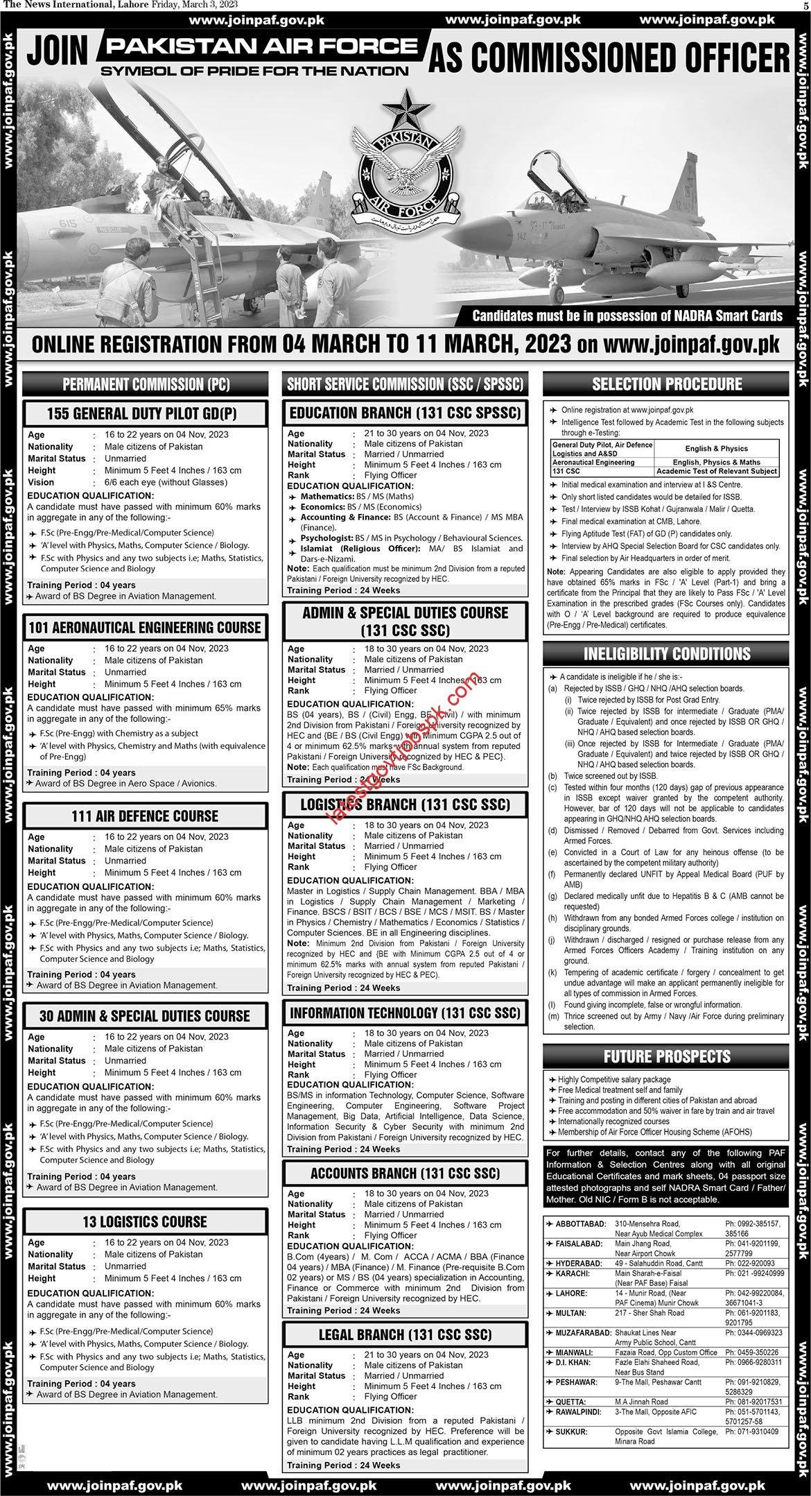 PAF Commissioned Officer Jobs 2023 in Pakistan Air Force