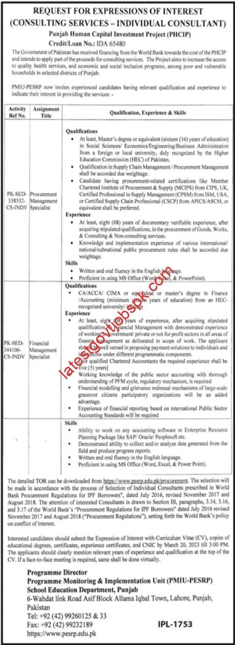 Punjab Human Capital Investment PHCIP Consultant Jobs