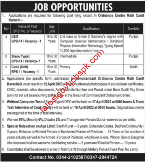 Fresh announcement of jobs at the Ordnance Centre Karachi