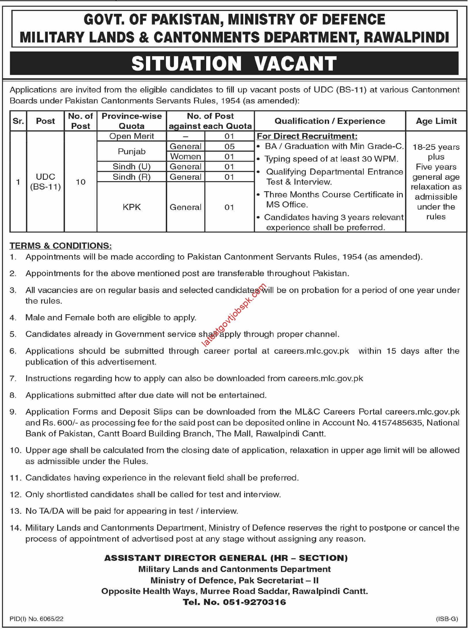 Fresh Announcing job openings at the Military Lands and Cantonment Department