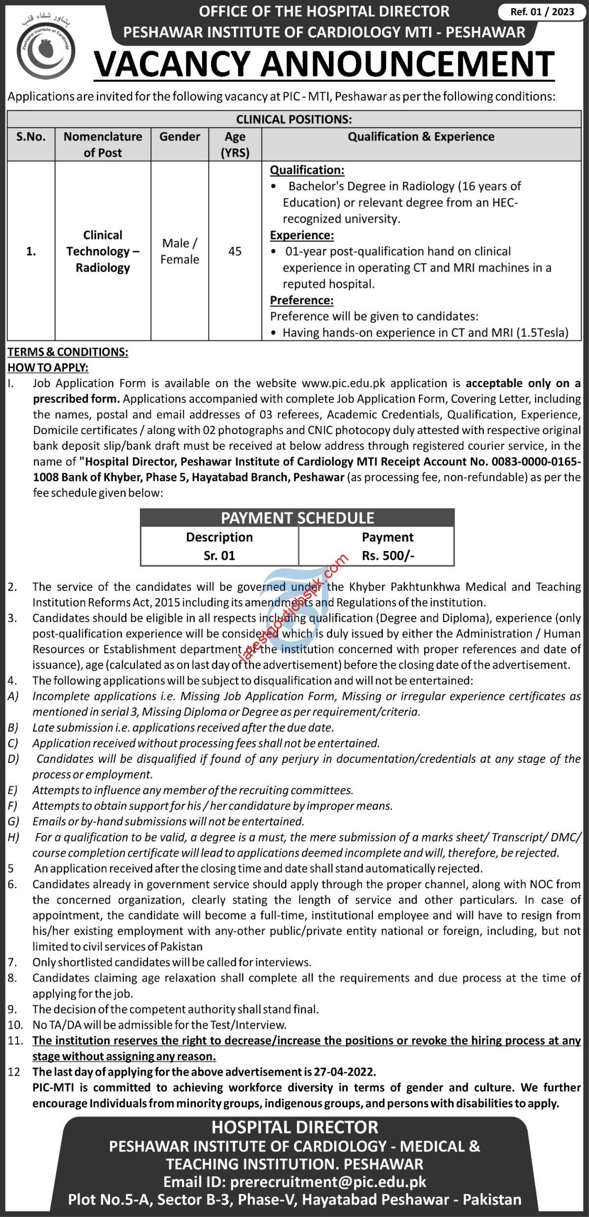 Fresh career opportunity at the Peshawar Institute of Cardiology