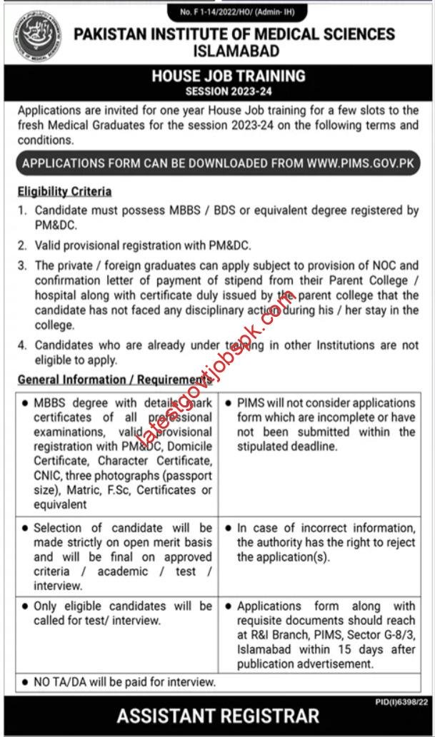 Fresh Jobs at Pakistan Institute of Medical Sciences for House Officers
