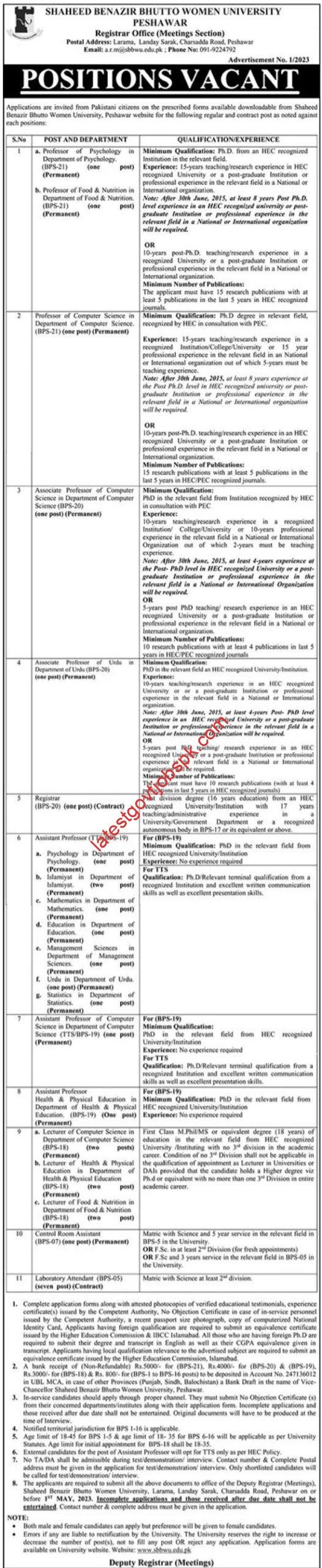 Fresh Jobs at SBBWU University Peshawar for Professors 2023