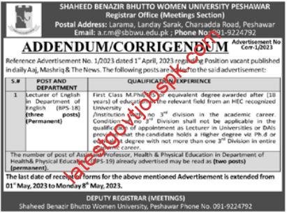 Fresh Jobs at Shaheed Benazir Bhutto Women University Peshawar