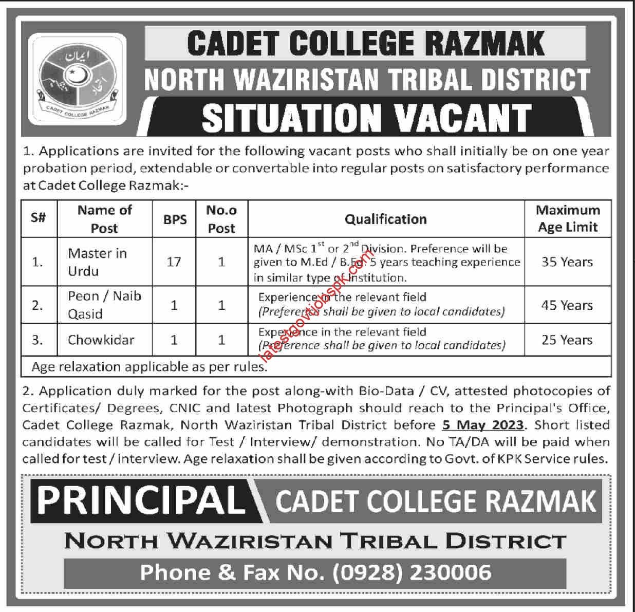 Fresh Jobs In Cadet College Razmak Waziristan 2023