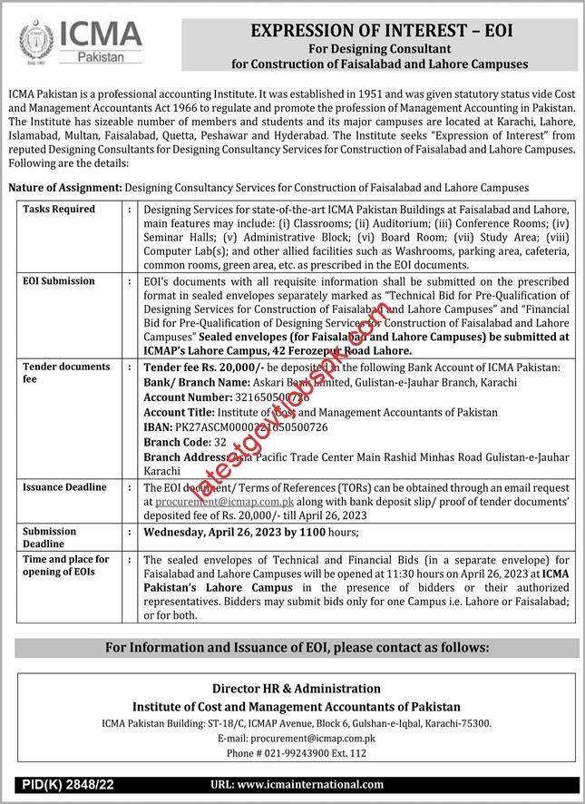 Fresh Jobs in Designing Consultants at ICMA Pakistan 2023
