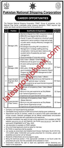 Fresh Jobs Opening At Pakistan National Shipping Corporation 2023