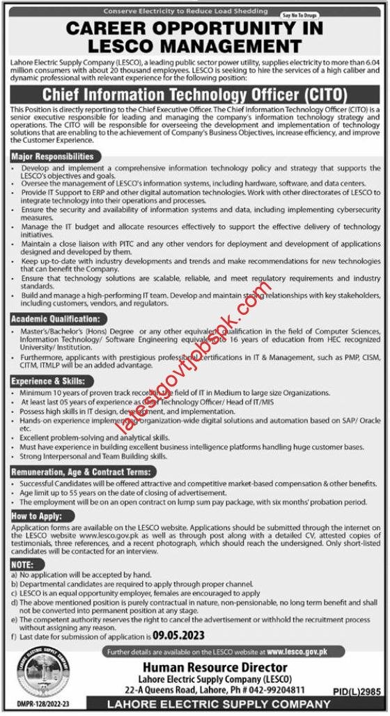 Fresh position is available at Lahore Electric Supply Company LESCO