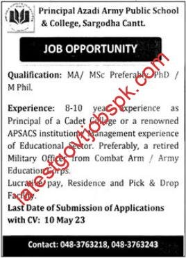 Fresh Vacancies at Azadi Army Public School and College