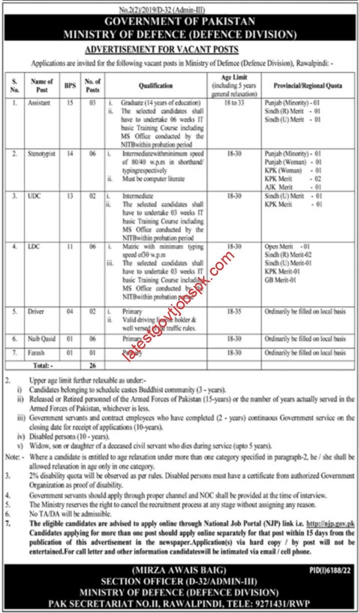 Latest Advertisement for jobs at the Ministry of Defence