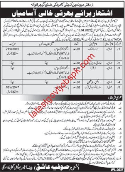 Latest Announcement of jobs by the Municipal Committee of Gujranwala 2023