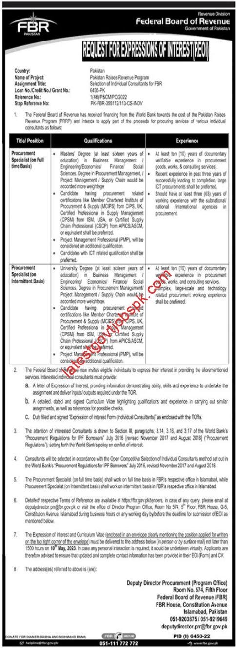 Latest Job Openings at FBR for Procurement Specialists