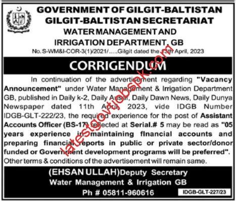 Latest job vacancy exists at the Department of Water Management and Irrigation