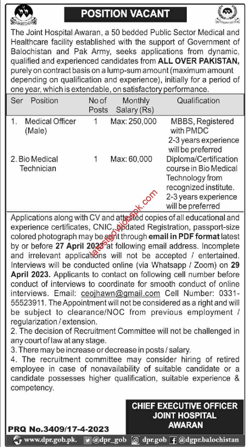 Latest Jobs Announcement at Joint Hospital Awaran