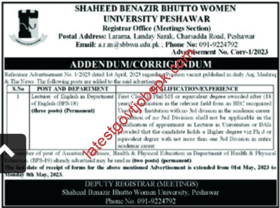 Latest Jobs at Shaheed Benazir Bhutto Women University 2023