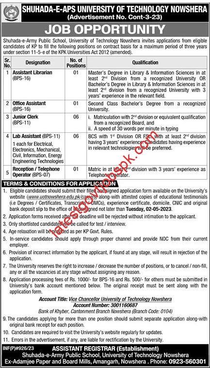 Latest Jobs at Shuhada e APS University of Technology Nowshera