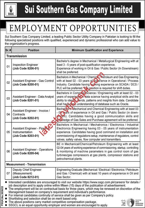Latest Jobs at SSGC Sui Southern Gas Company Limited Karachi 2023