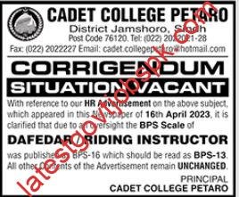 Latest Vacancies at Cadet College Petaro Jamshoro 2023