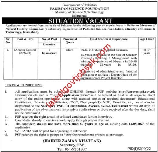 New Job Vacancy Opening at the Pakistan Science Foundation