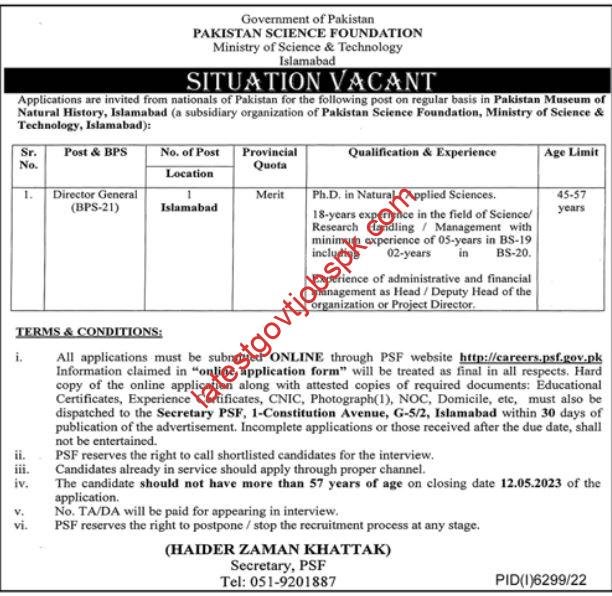 New Jobs at the Pakistan Science Foundation in Islamabad 2023