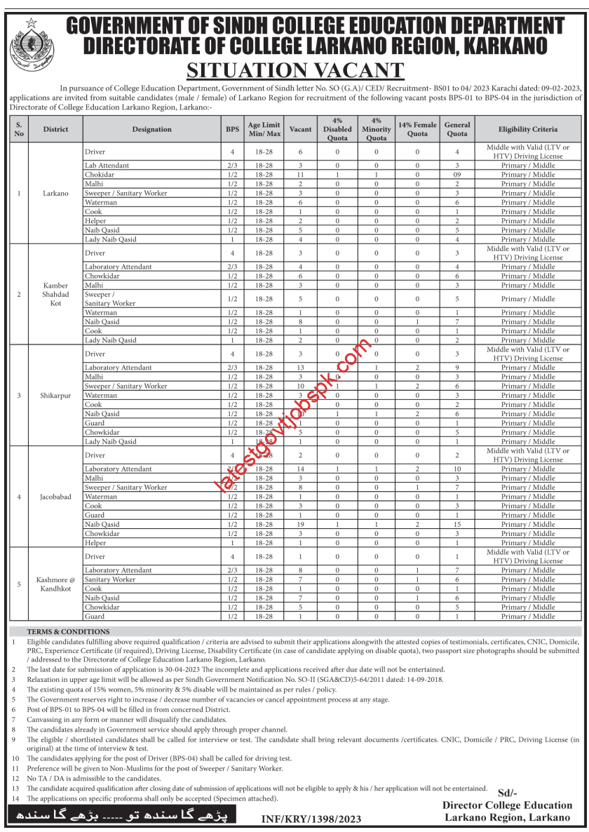 New Vacancies at College Education Department Larkana