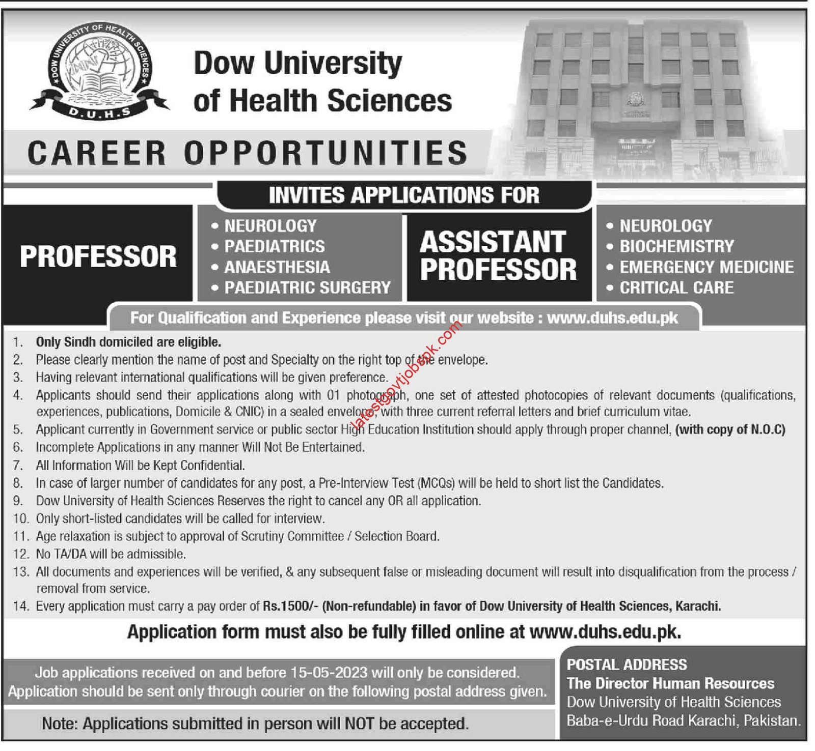 New Vacancies at Dow University of Health Sciences 2023