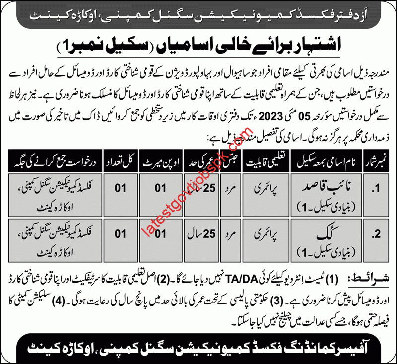 New Vacancies at Okara Cantt Fixed Communications Signal Company