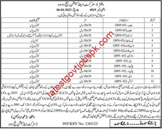 New Vacancies for District & Session Judges Office in Dadu 2023