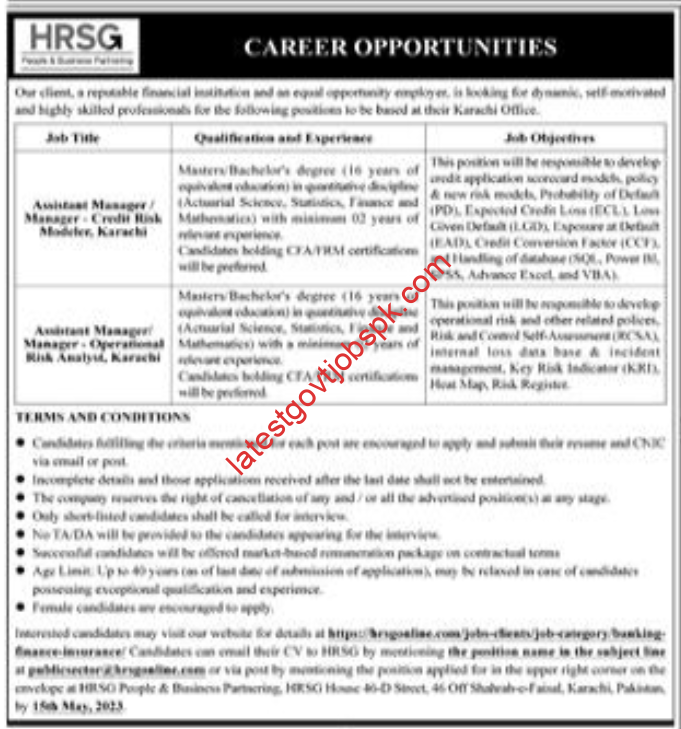 Fresh Jobs at HRSG People & Business Partnering Karachi 2023