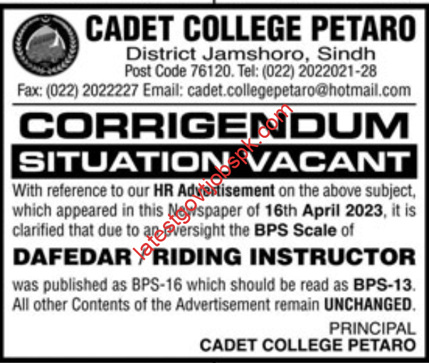 Latest Job Openings at Petaro Jamshoro Cadet College 2023