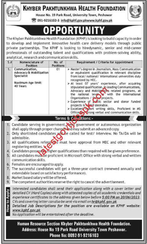 Fresh Careers at Khyber Pakhtunkhwa Health Foundation 2023