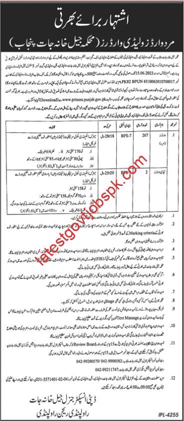 Fresh Jobs in Prison Department Rawalpindi Region 2023