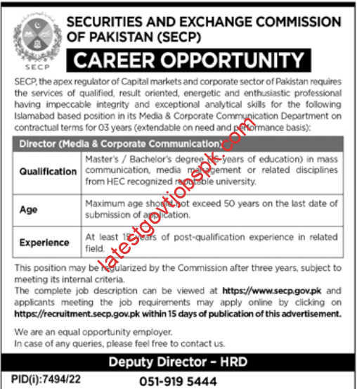 New Jobs Opening In Securities and Exchange Commission Islamabad 2023