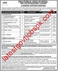 Apply For 09 PAA Jobs Vacancies Available at PAA Public High School, Walton Aerodrome, Lahore
