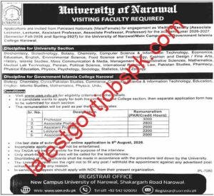 Apply For 5+ Jobs Visiting Faculty Vacancies Available at University of Narowal