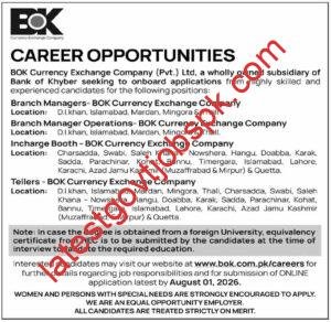 Apply For BOK Multiple Jobs Vacancies Available at BOK Currency Exchange Company (Pvt.) Ltd