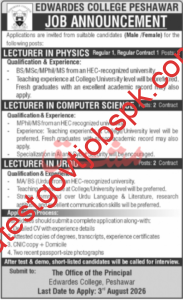Apply For Edwardes 06 Faculty Job Vacancies Available at Edwardes College Peshawar