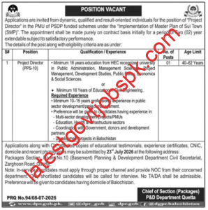 Apply For High-Level Project Management Vacancy at P&D Department Quetta