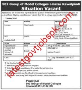 Apply For Jobs Career Opportunities at 502 Group of Model Colleges Lalazar Rawalpindi