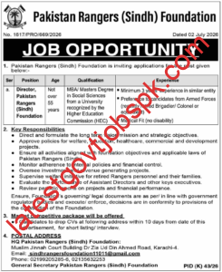 Apply Now for Job of Director, Pakistan Rangers (Sindh) Foundation