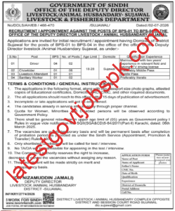 Apply Now Multiple Class-IV Vacancies in Livestock & Fisheries Department, Sujawal