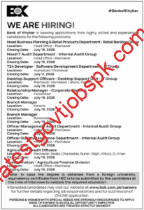 Apply Now Multiple Vacancies in Bank of Khyber (BoK)