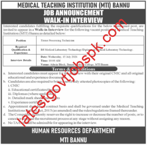 Join Walk-In Interview at Medical Teaching Institution (MTI) Bannu