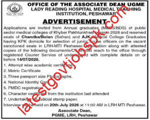 Junior House Officers Vacancies at Lady Reading Hospital (LRH-MTI) Peshawar